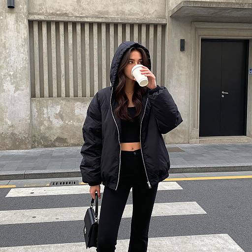 Woman in black jacket drinking coffee on city street