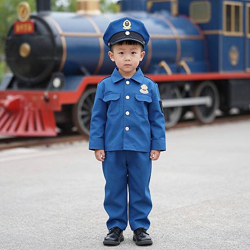 Photograph of a young boy in a blue train conductor outfit, standing in front of a blue and red toy train.