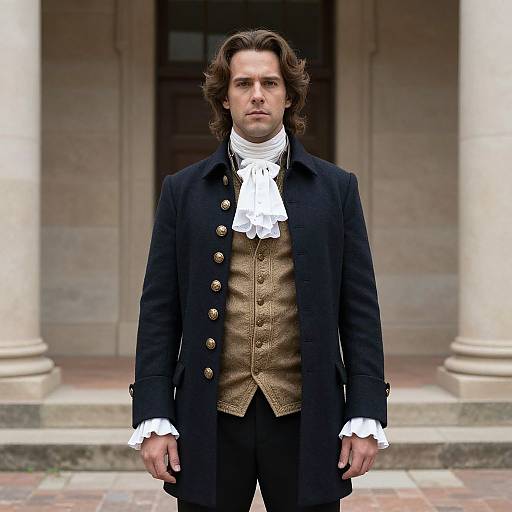 Photograph of a serious, fair-skinned man with curly brown hair, wearing 18th-century attire: black coat, brown vest, white cr
