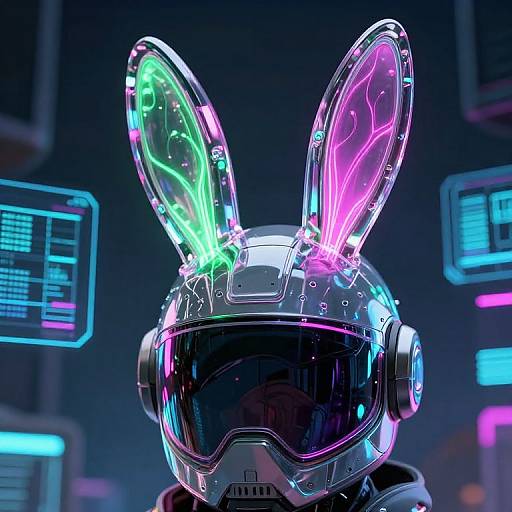 Neon-lit, futuristic bunny helmet with glowing green and pink ears, illuminated tech screens in background. Cyberpunk style CGI image.