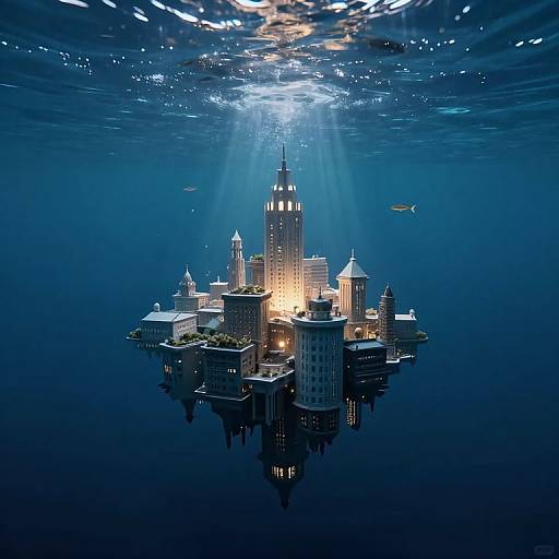 Underwater photograph of a glowing, miniature cityscape with tall buildings, illuminated by sunlight beams, surrounded by deep blue ocean water.