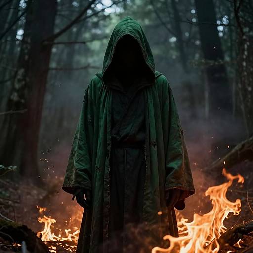 Photograph of a hooded figure in a dark green cloak standing in a forest, surrounded by bright orange flames in the foreground.