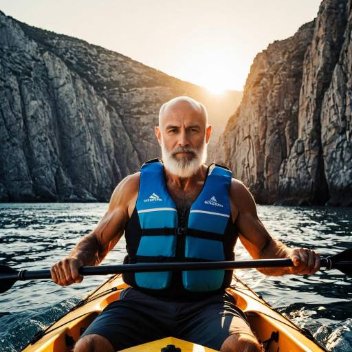 Muscular Elderly Man Kayaking at Sunset