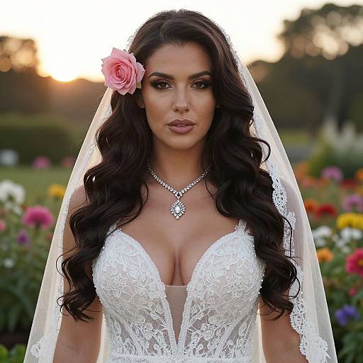 Photograph of a beautiful woman with long dark hair, wearing a white lace wedding dress with deep neckline, veil, pink rose, and silver necklace,