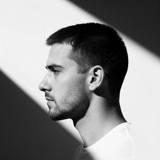 Black-and-white photograph of a bearded man in profile, illuminated by diagonal white light, with dark background, highlighting his strong jawline and short hair