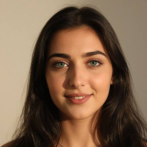 Photograph of a young woman with long black hair, green eyes, and light skin, smiling softly against a plain, light gray background.