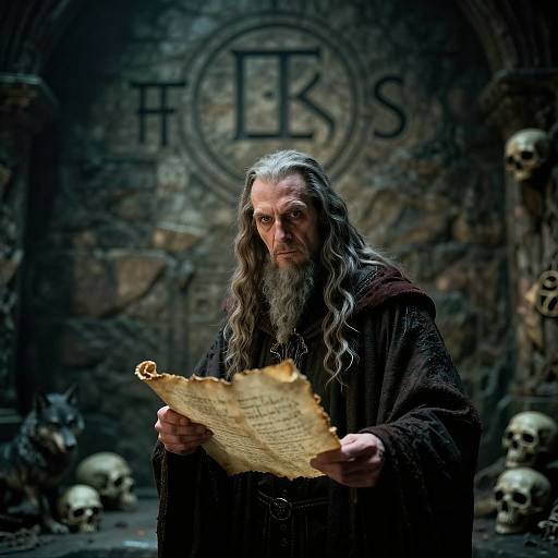 Photograph of an elderly man with long, gray hair and beard, wearing a dark robe, holding a tattered parchment, standing in a dimly