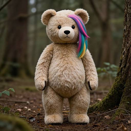 Photograph of a fluffy beige teddy bear with a colorful pink, blue, and yellow streaked hair, standing in a mossy forest.