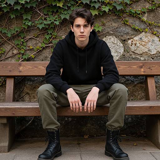 Serious Young Man on Ivy Bench