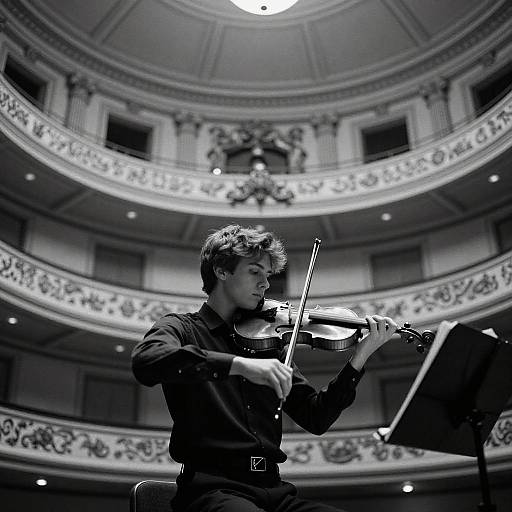 Black-and-white photograph of a young male violinist with curly hair, playing in an ornate, circular auditorium with elaborate moldings.