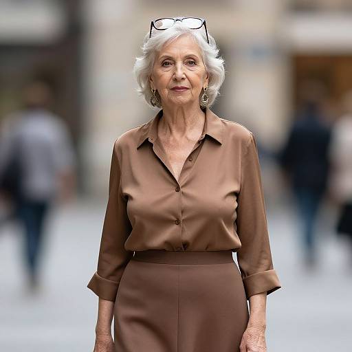 Photograph of an elderly white woman with short white hair, wearing a brown blouse and high-waisted brown skirt, standing in a blurred urban street