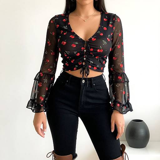Photograph of a woman with long dark hair, wearing a sheer black blouse with red cherry patterns, black high-waisted jeans, and a small