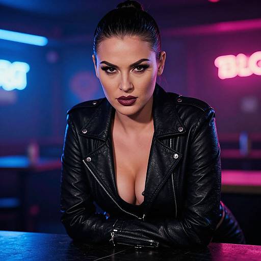 Photograph of a fierce, dark-haired woman in a black leather jacket with deep cleavage, intense gaze, and dark lipstick, seated in a neon