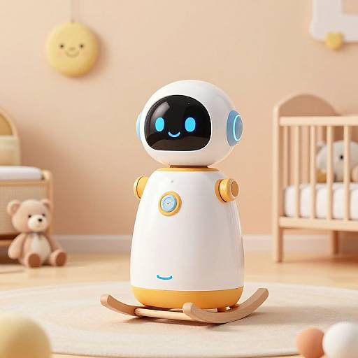 CGI image of a cute, white, robot baby with blue eyes and a black screen face, rocking on a wooden rocker in a soft, past