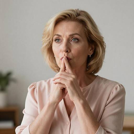 Serious Woman in Pink Blouse Gesturing Silence