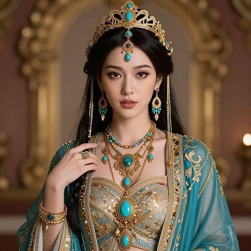Photorealistic image of an elegant Asian woman in ornate gold and turquoise royal attire, adorned with intricate jewelry and a matching headpiece, standing against