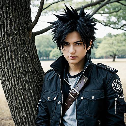 Cosplay Dabi Male with Spiked Black Hair Outdoors