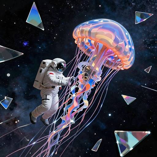 Photograph-like CGI: Astronaut in white spacesuit floating beside vibrant, glowing jellyfish with flowing tentacles in a starry, abstract space background