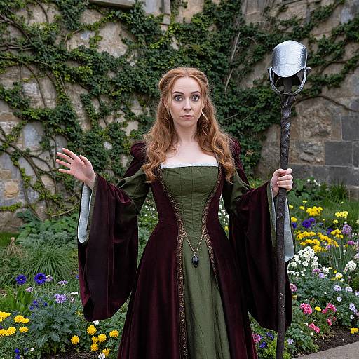 Photograph of a red-haired woman in a medieval-style green dress with black velvet sleeves, holding a staff with a glowing orb, standing in a vibrant