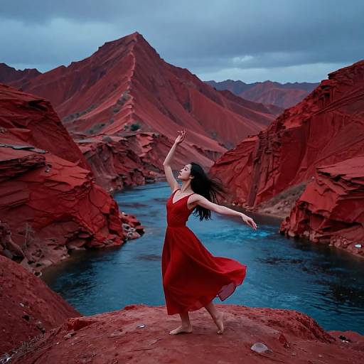 Photograph of a dark-haired woman in a flowing red dress, dancing on red rock terrain with a blue river and mountains in the background under a cloudy
