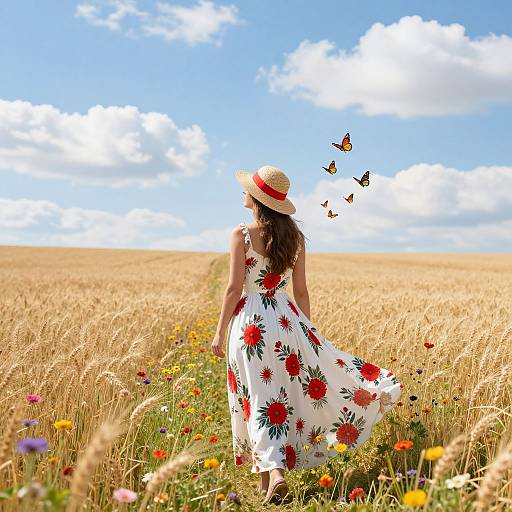 Woman in Floral Dress in Wheat Field