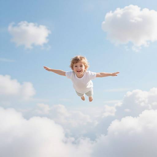 Photograph of a joyful, blonde-haired toddler with light skin flying through a bright blue sky with fluffy white clouds.