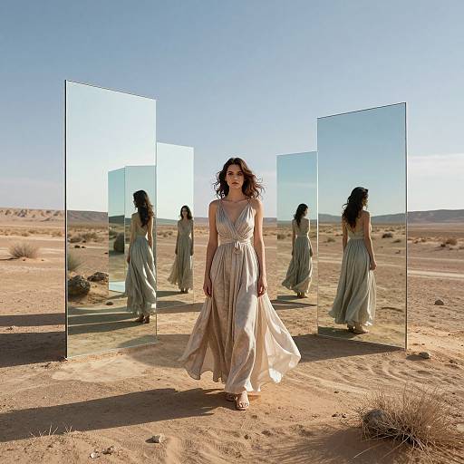 Photograph of a curly-haired woman in a flowing, beige dress walking through a desert, surrounded by reflective glass panels.