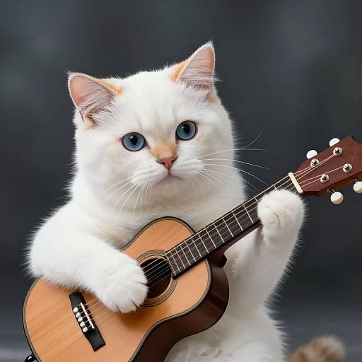 Photograph of a white cat with blue eyes playing a small acoustic guitar against a dark, blurred background.