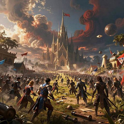 Epic fantasy battle scene: armored warriors clash near a grand gothic castle, under dramatic, cloud-filled sky with floating bubbles. Digital art.