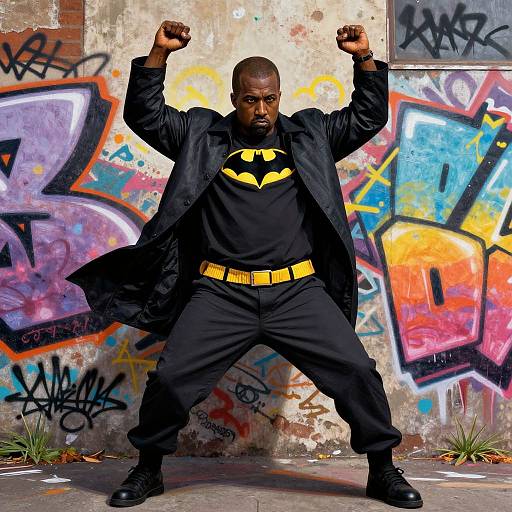 Photograph of a muscular Black man in Batman costume, black jacket, yellow belt, standing confidently with fists raised, graffiti-laden concrete wall background.