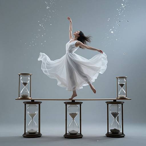 Photograph: A dancing woman in a flowing white dress balances on a beam between three hourglasses, with water droplets suspended mid-air.