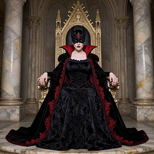 Digital art of a gothic queen with black lace mask, red-lined black gown, and ornate throne, seated in marble-columned hall.