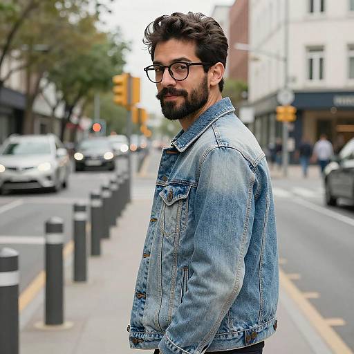 Man in Denim Jacket on City Street