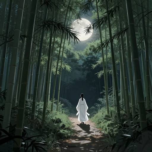 Digital artwork of a lone figure in a white kimono walking down a moonlit bamboo forest path, surrounded by tall, dark silhouettes of bamboo