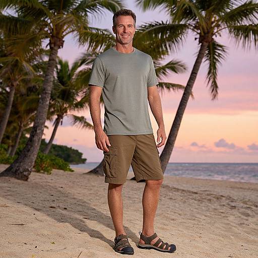 Photograph of a smiling, fit middle-aged man in a gray t-shirt, brown shorts, and black sandals, standing on a tropical beach with palm