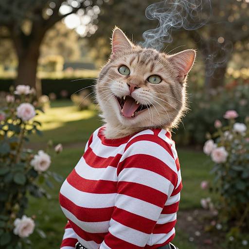Photograph of a smiling tabby cat with green eyes, wearing a red and white striped shirt, standing in a sunlit garden with blooming roses