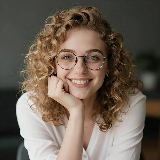 Smiling Young Woman with Curly Blonde Hair and Glasses