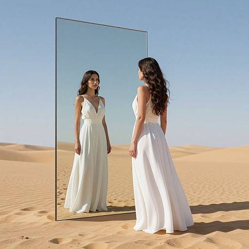Photograph of a dark-haired woman in a white, flowing gown, standing in a desert, facing a rectangular mirror reflecting her image against a clear blue