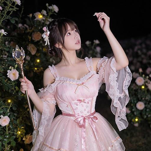 Photograph of an East Asian woman in a pink, lace-trimmed, off-the-shoulder ball gown, holding a crystal wand, surrounded