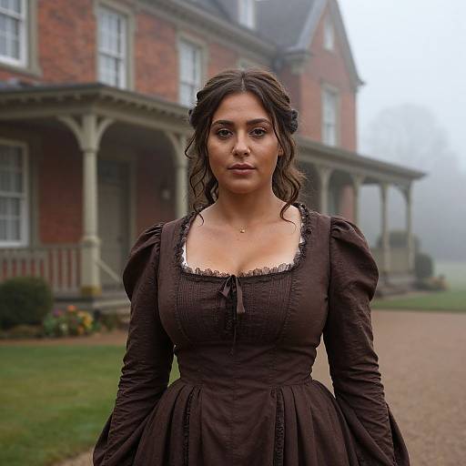 Photograph of a dark-haired woman in a Victorian-style brown dress standing in front of a red-brick, Victorian-style house on a foggy day