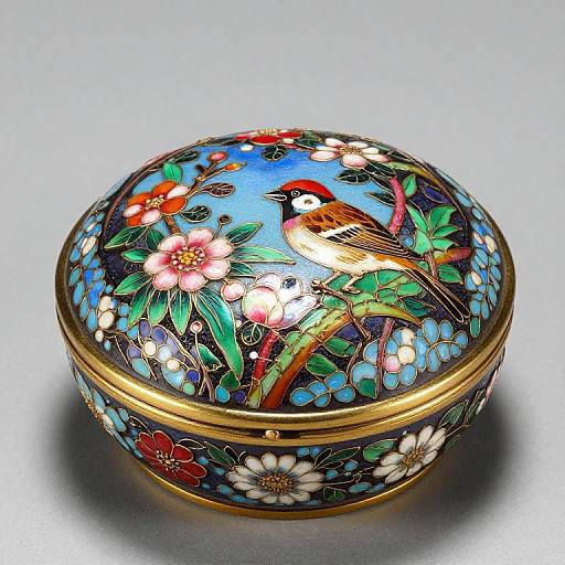 Photograph of a colorful, round, ornate, enamel box with intricate bird and floral designs, gold rim, and vibrant blue background.