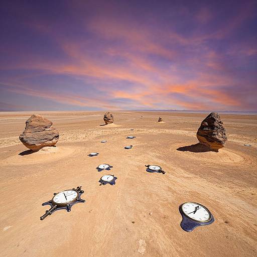 Photograph of a desert landscape with large rock formations, shallow water puddles, and a vibrant purple and orange sky at sunset.