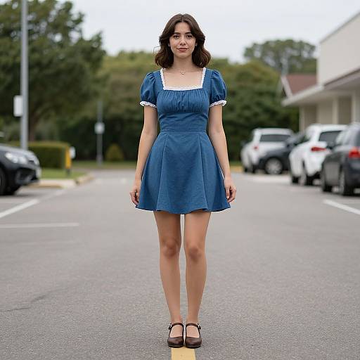 Photograph of a young woman with light skin and brown hair, wearing a blue, short-sleeved, square-neck dress with white trim, and