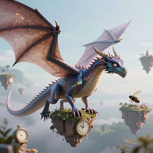 Digital artwork of a vibrant blue dragon with pink wings, standing on a clock-topped floating rock, surrounded by floating islands and butterflies.