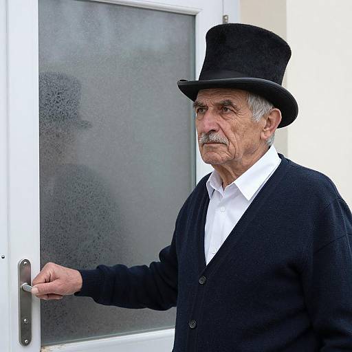 Elderly Man in Top Hat Opening Door
