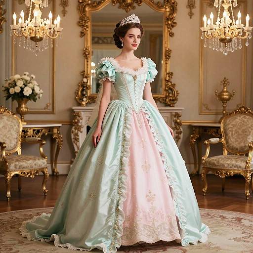 Elegant photograph of a young woman in a pastel blue and pink satin ball gown with lace detailing, wearing a tiara, standing in an op