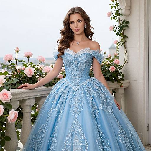 Photograph of a beautiful woman with long brown hair in an off-shoulder, light blue, lace-embellished ball gown, standing on
