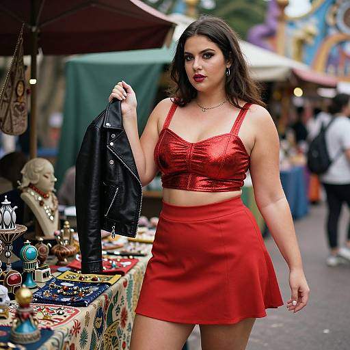 Photograph of a curvy woman with dark hair, wearing a red sequin crop top and skirt, holding a black leather jacket, at a bustling