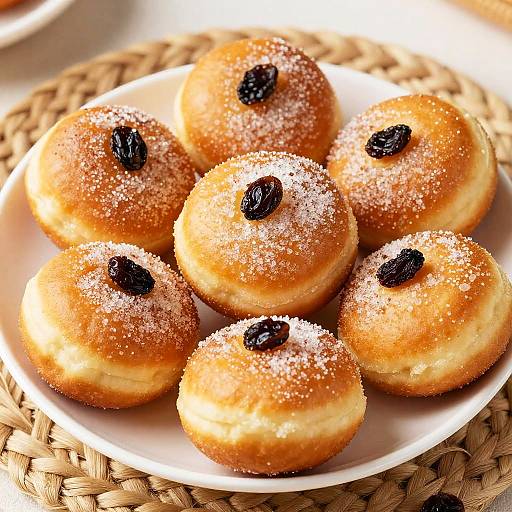 Photograph of six golden, sugar-dusted, round pastries with black raisin centers on a white plate, resting on a woven placemat.