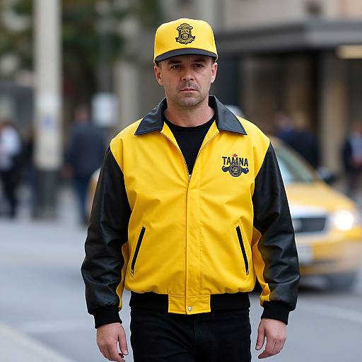 Photograph of a serious-looking man in a bright yellow and black 